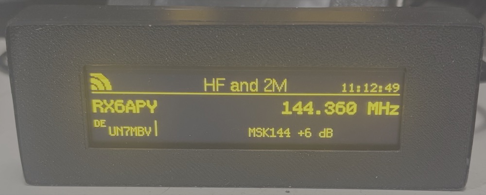 DX Spotter Classic yellow OLED showing a 2 m spot on 144.360 MHz