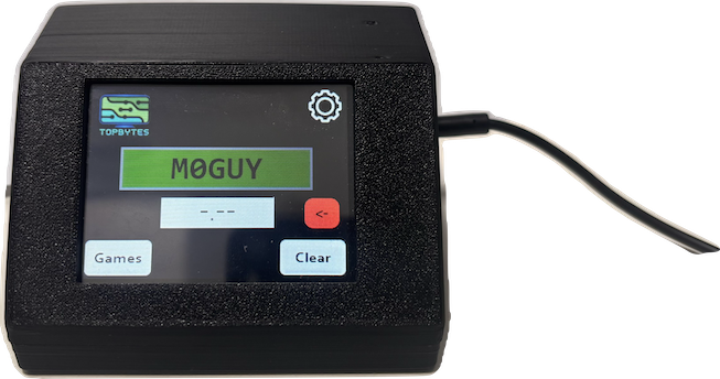TopBytes Morse Trainer with touchscreen showing the callsign M0GUY
