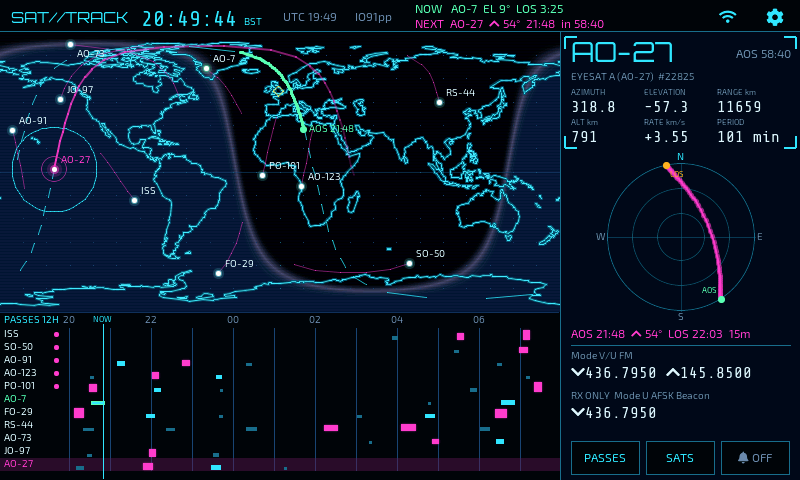 SatTracker world map with satellite ground tracks, pass timeline and a sky plot